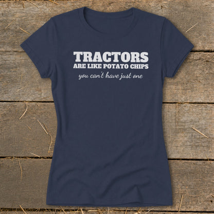 Navy t-shirt with white text: "Tractors are like potato chips you can't have just one."