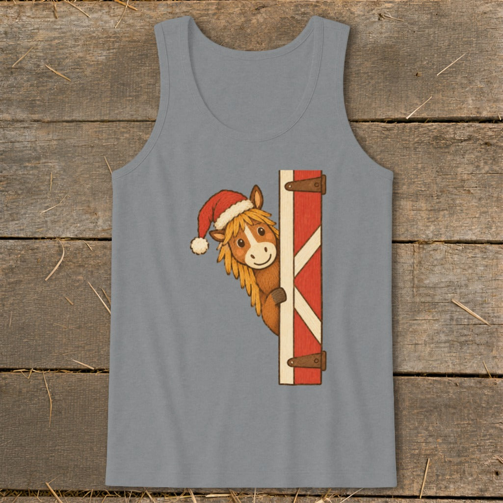 Illustration of a cartoon horse wearing a Santa hat peeking from a barn door.