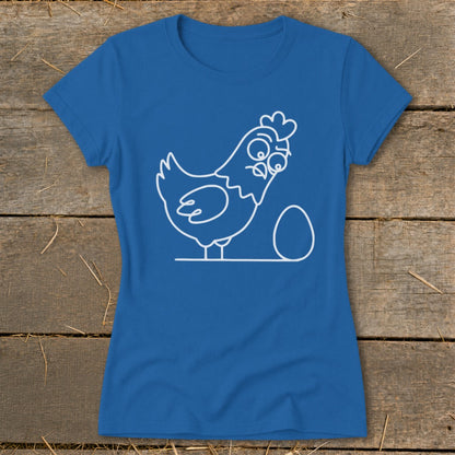 Blue t-shirt with a white line drawing of a surprised chicken and an egg.