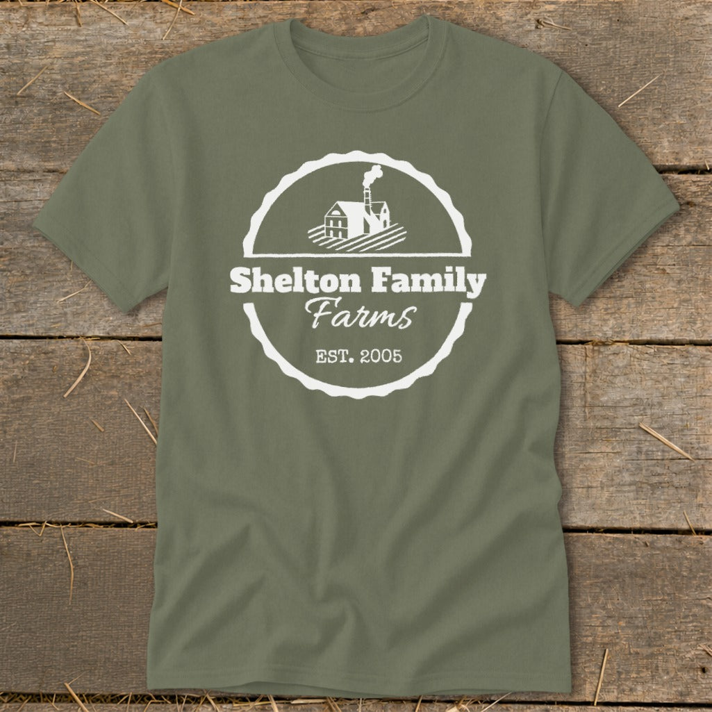 Olive green t-shirt with "Shelton Family Farms Est. 2005" logo.