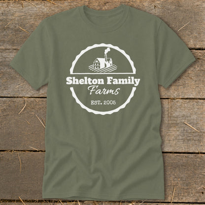 Olive green t-shirt with "Shelton Family Farms Est. 2005" logo.