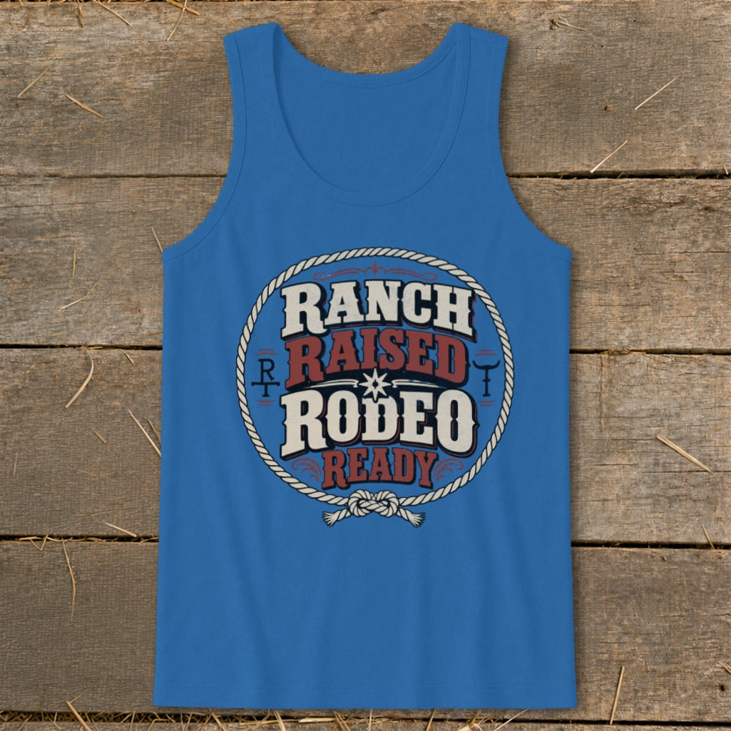Blue tank top with "Ranch Raised Rodeo Ready" text inside a rope circle.