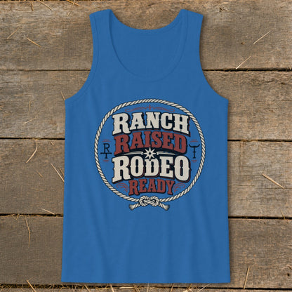 Blue tank top with "Ranch Raised Rodeo Ready" text inside a rope circle.