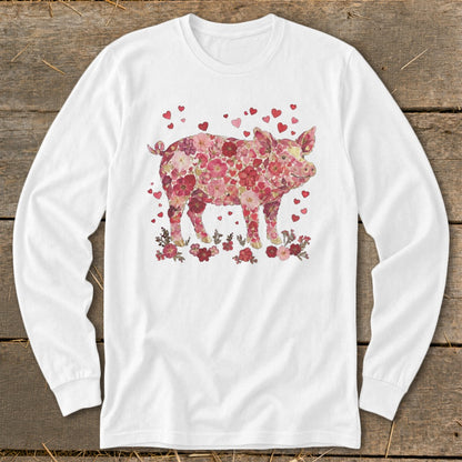 White long-sleeve shirt with a pig illustration made of pink and red flowers.