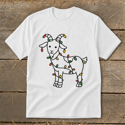 White t-shirt with a line drawing of a goat wrapped in colorful Christmas lights.