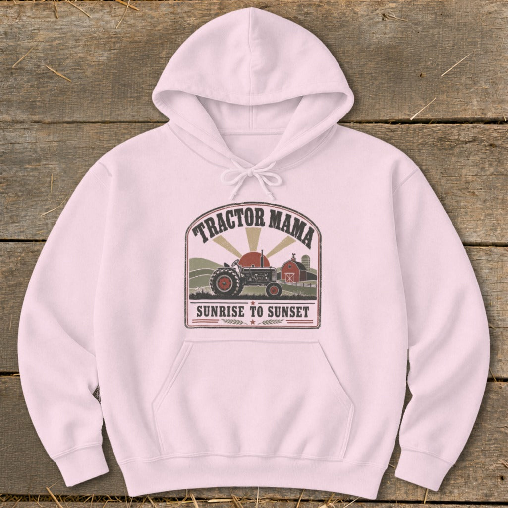 Pink hoodie with "Tractor Mama Sunrise to Sunset" graphic featuring a tractor and barn.
