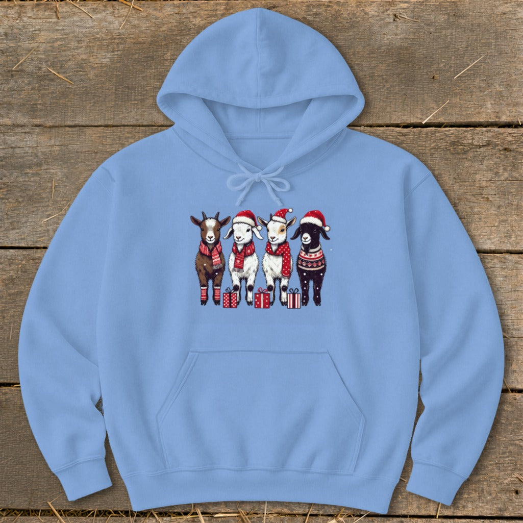 Light blue hoodie with a Christmas goat graphic featuring four goats in Santa hats and scarves.