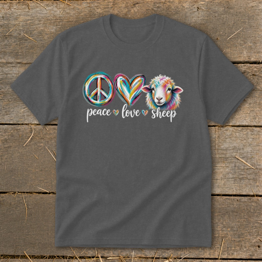 Dark grey t-shirt with colorful peace sign, heart, and sheep graphic, text reads "peace love sheep."