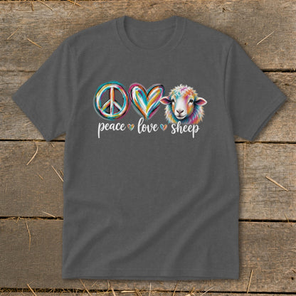 Dark grey t-shirt with colorful peace sign, heart, and sheep graphic, text reads "peace love sheep."