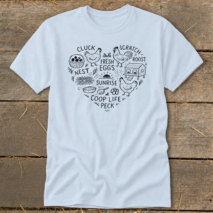 Light blue t-shirt with black heart-shaped chicken coop life graphic.