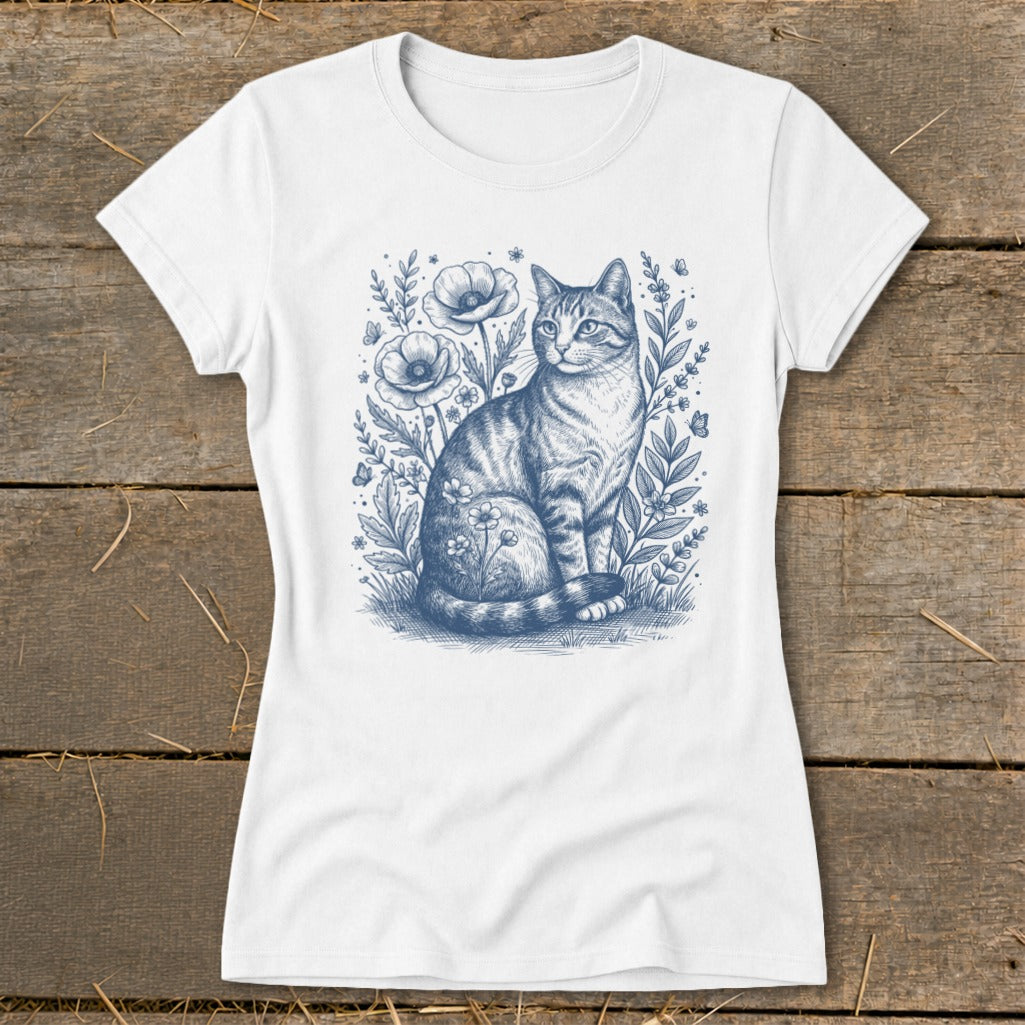 White t-shirt with blue sketch of a tabby cat sitting among flowers and butterflies.