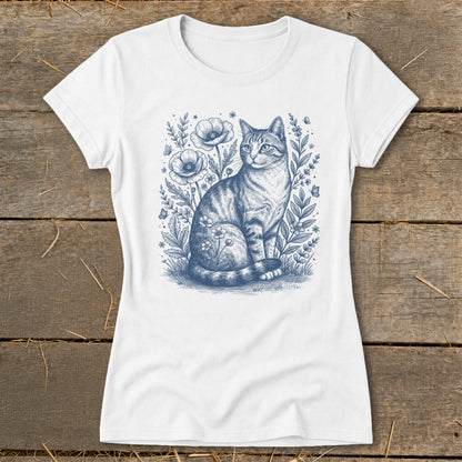 White t-shirt with blue sketch of a tabby cat sitting among flowers and butterflies.