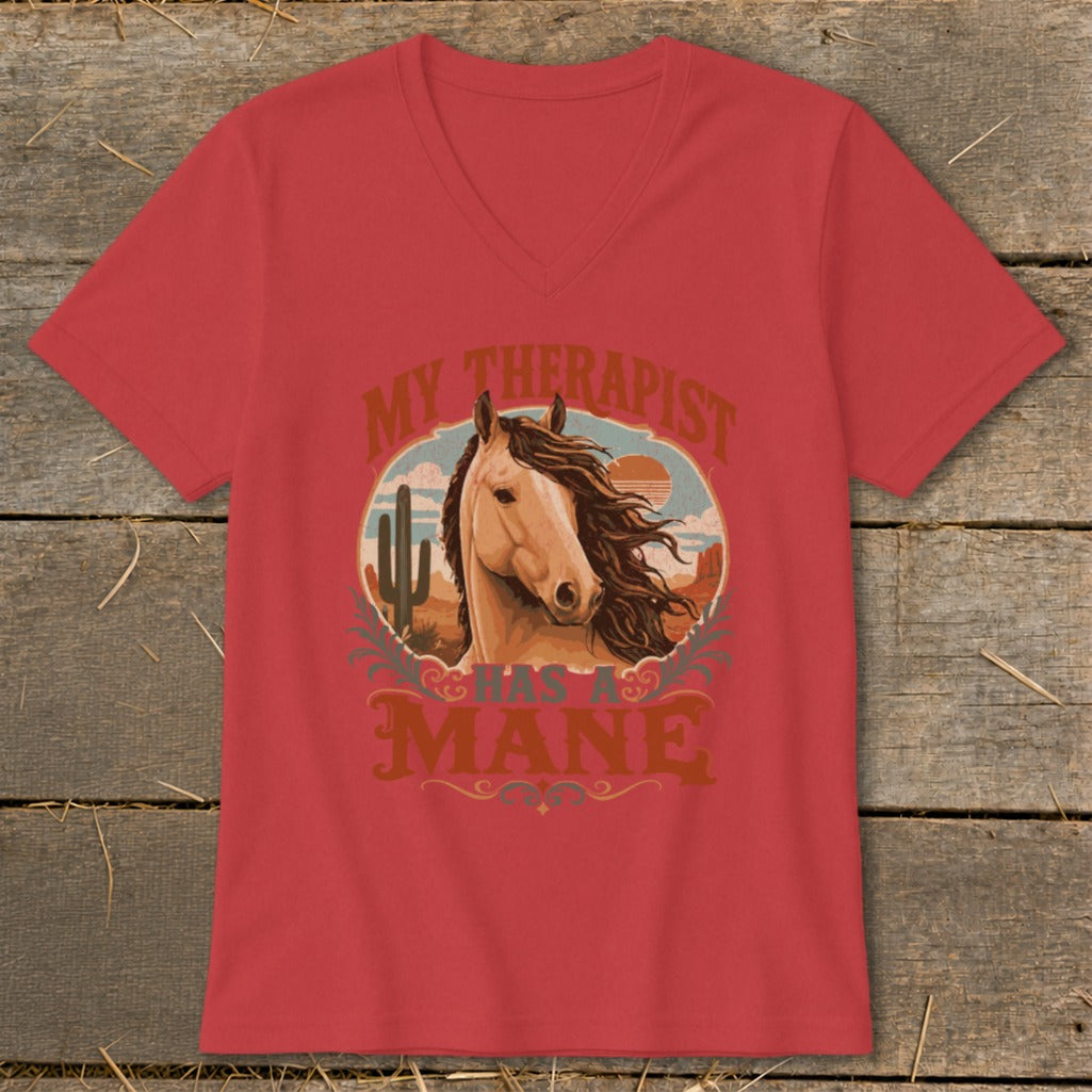 Red t-shirt with horse graphic and text "My Therapist Has A Mane".