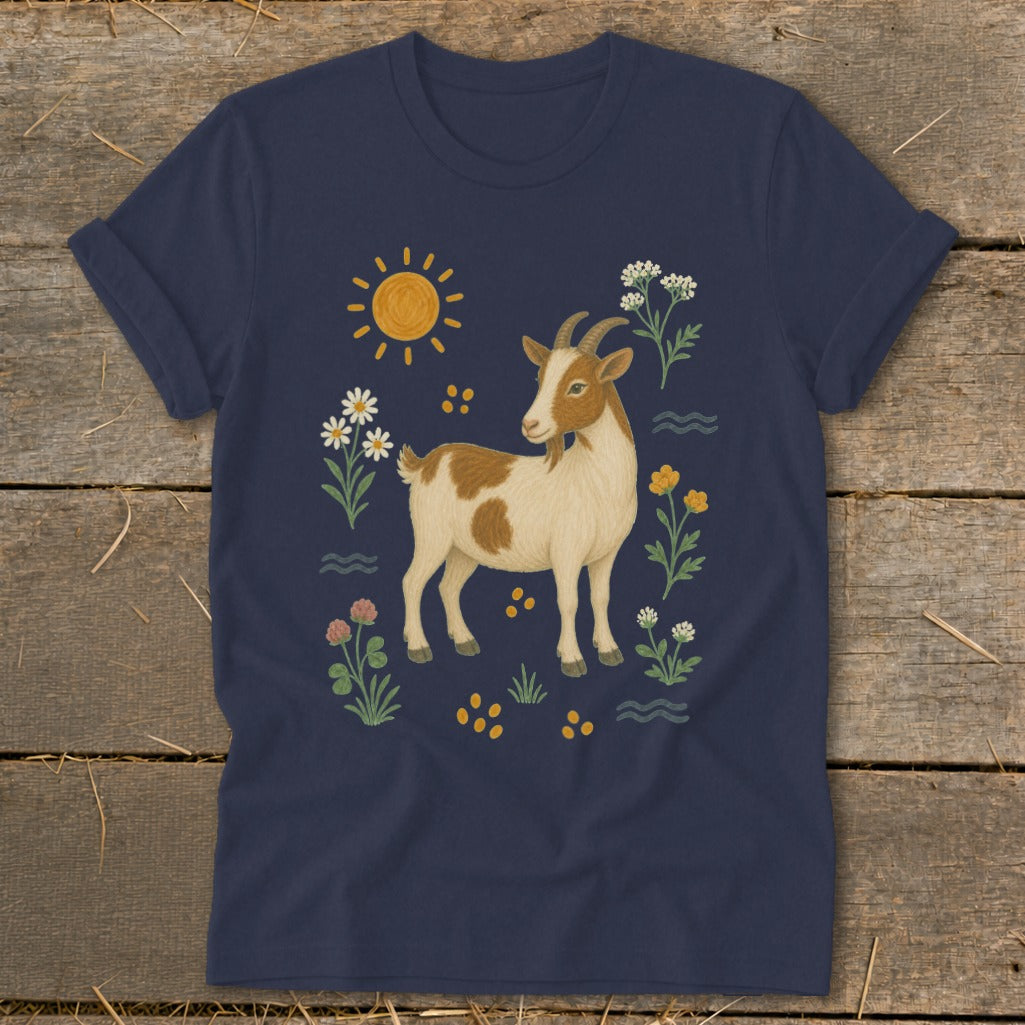 Navy t-shirt with a brown and white goat surrounded by flowers, sun, and waves.