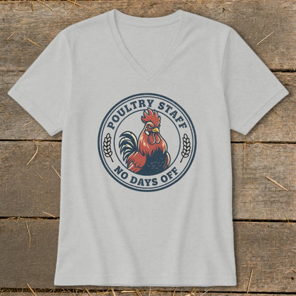 Light grey t-shirt with a circular graphic featuring a rooster and text "Poultry Staff No Days Off".
