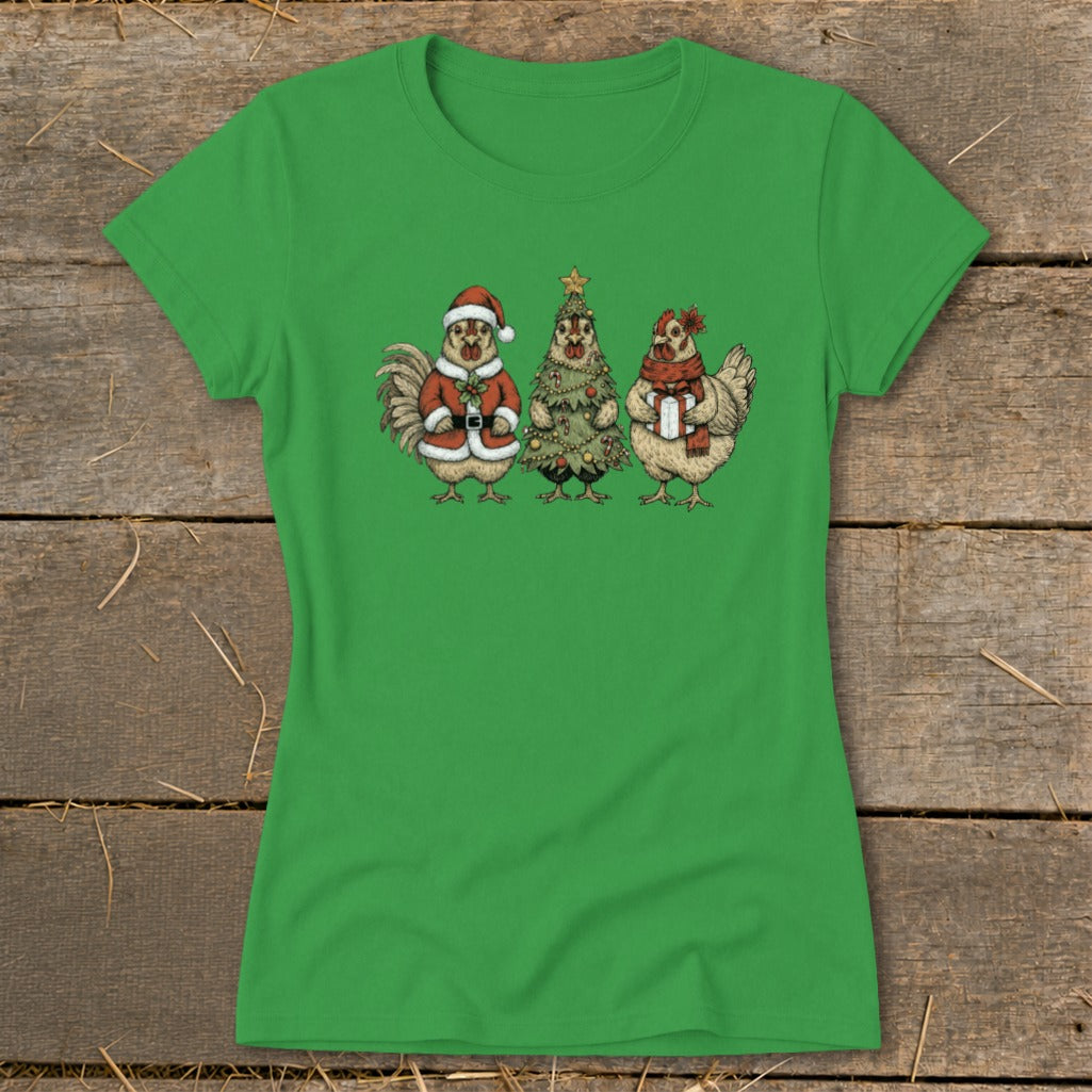 Green t-shirt with a Christmas-themed chicken graphic: Santa chicken, Christmas tree chicken, and gift-holding chicken.