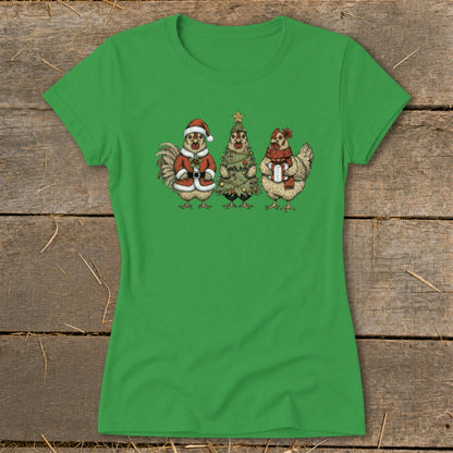 Green t-shirt with a Christmas-themed chicken graphic: Santa chicken, Christmas tree chicken, and gift-holding chicken.