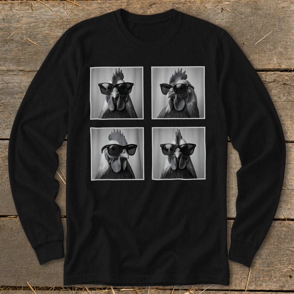 Black long-sleeve shirt with four black and white rooster portraits wearing sunglasses.