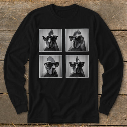 Black long-sleeve shirt with four black and white rooster portraits wearing sunglasses.