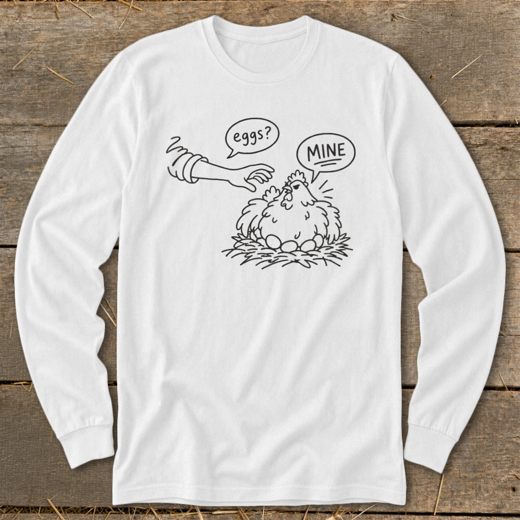 Line art of a chicken on eggs with a hand asking "eggs?" and chicken saying "MINE".