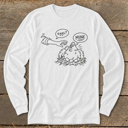 Line art of a chicken on eggs with a hand asking "eggs?" and chicken saying "MINE".