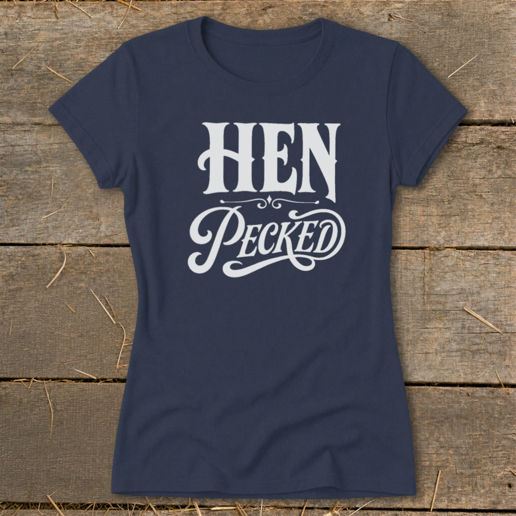 Navy t-shirt with white "HEN Pecked" graphic text.