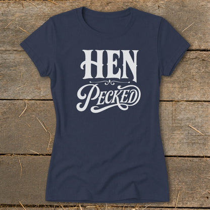 Navy t-shirt with white "HEN Pecked" graphic text.