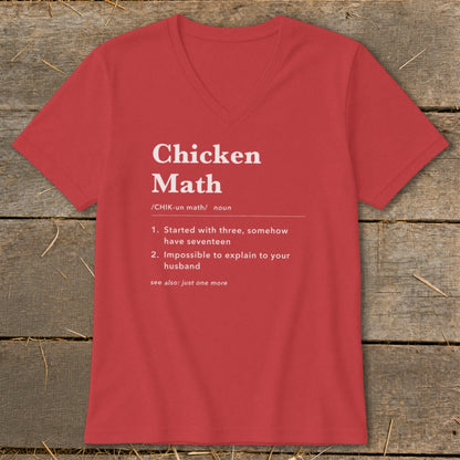 Red v-neck t-shirt with "Chicken Math" definition printed in white text.