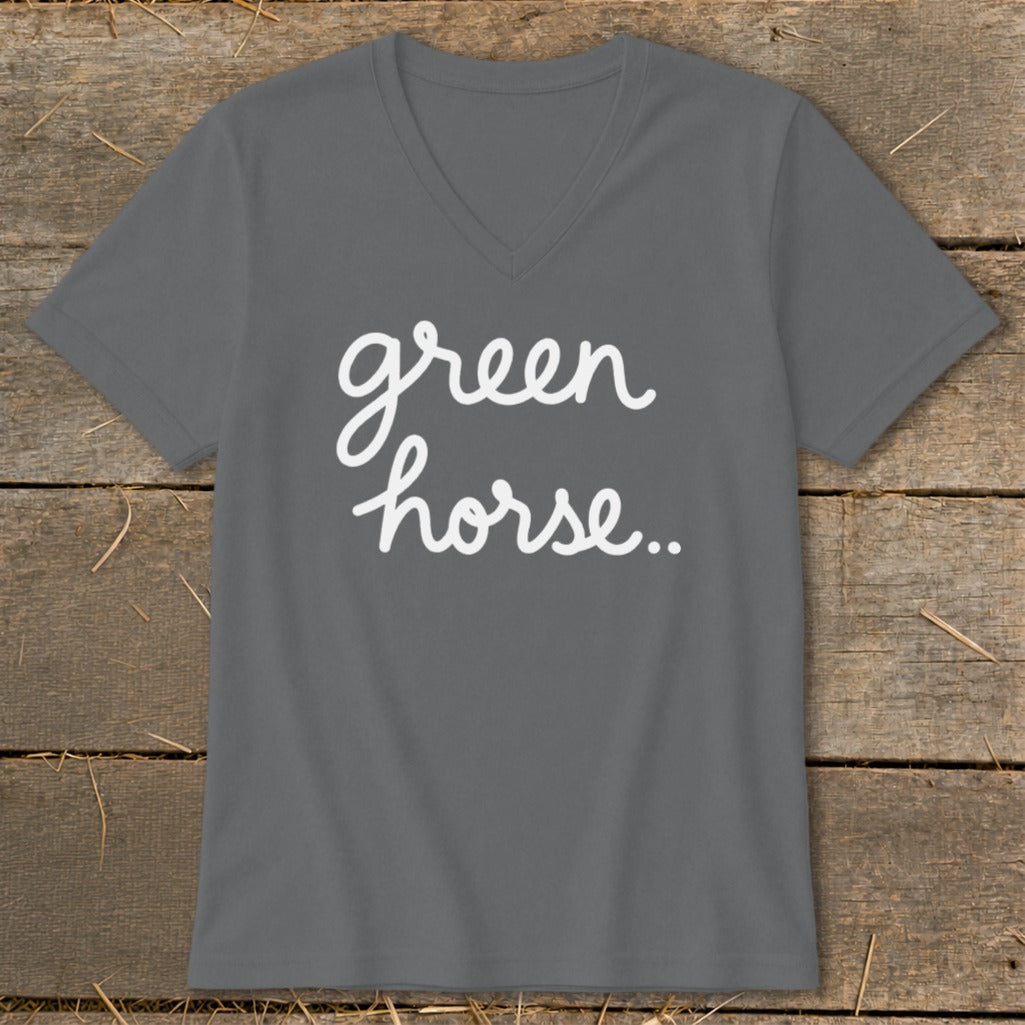 Grey v-neck t-shirt with white cursive text reading "green horse.."