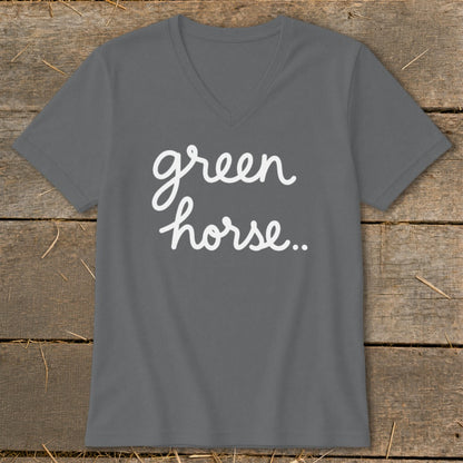 Grey v-neck t-shirt with white cursive text reading "green horse.."