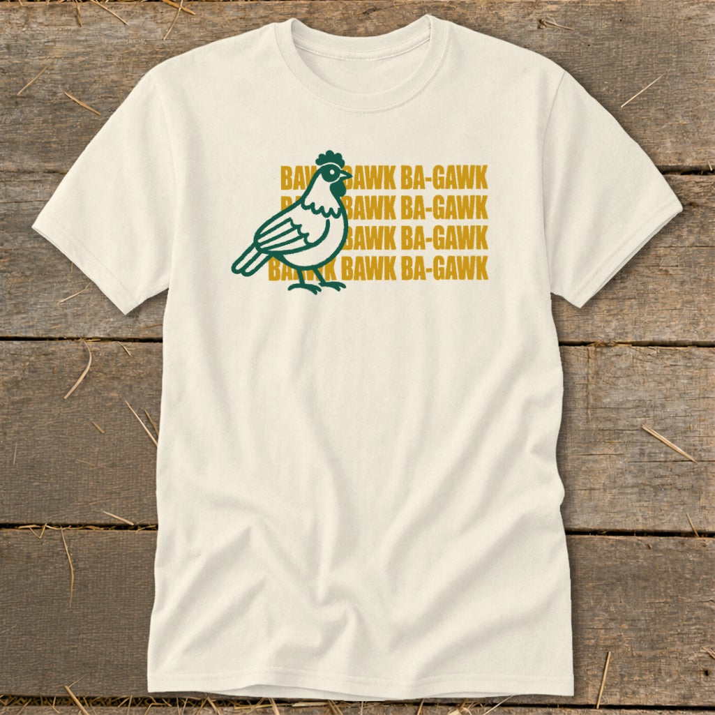 Cream t-shirt with a green chicken and repeated "BAWK BA-GAWK" text.