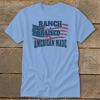 Light blue t-shirt with distressed American flag graphic and text.