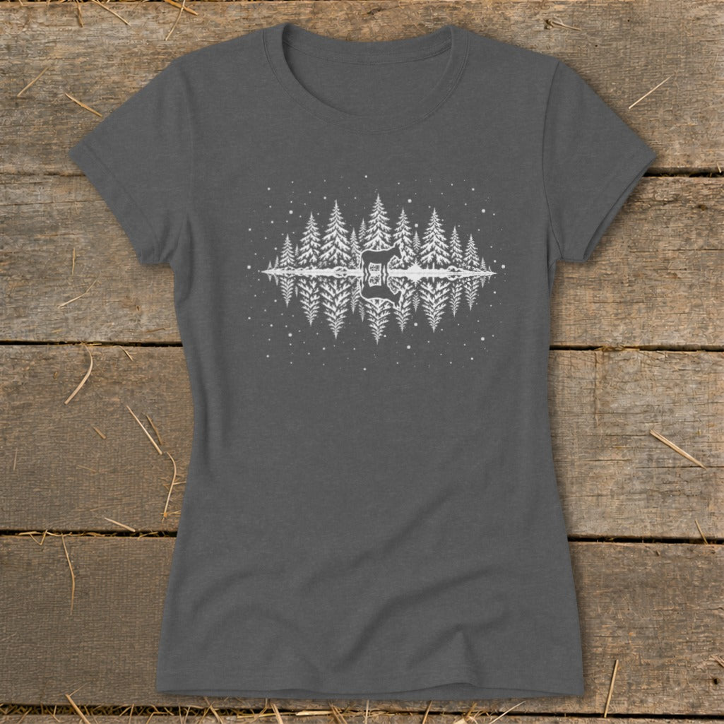 Dark grey t-shirt with white forest, mountains, and guitar graphic and reflection.