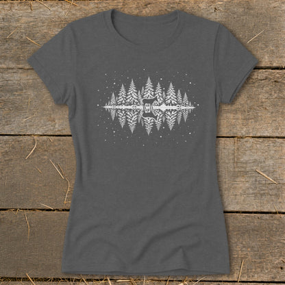Dark grey t-shirt with white forest, mountains, and guitar graphic and reflection.