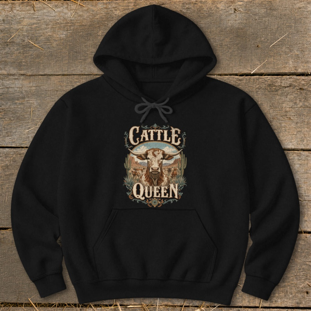 Black hoodie with "Cattle Queen" text and steer illustration.