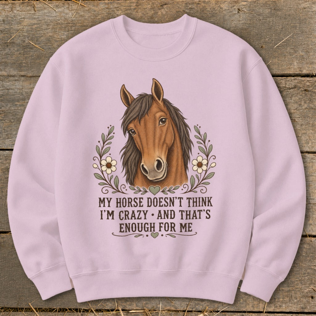 Pink sweatshirt with horse graphic and text "My horse doesn't think I'm crazy and that's enough for me."