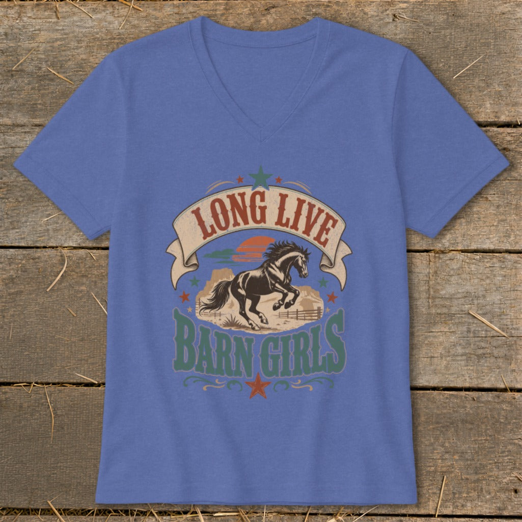 Blue v-neck t-shirt with a graphic of a running horse and the text "LONG LIVE BARN GIRLS".