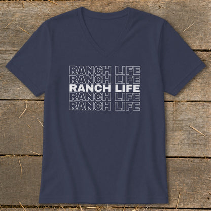 A dark blue V-neck t-shirt with the words "RANCH LIFE" stacked vertically in white.