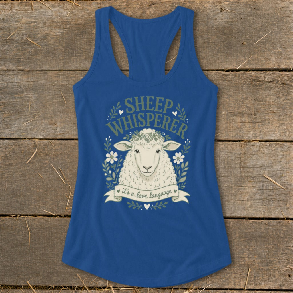 Blue tank top with sheep and "Sheep Whisperer its a love language" text.
