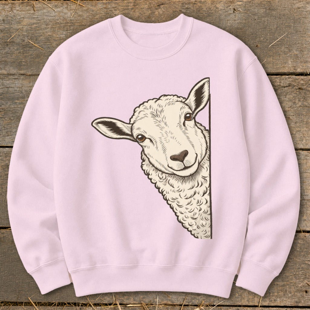 Pink sweatshirt featuring a peeking sheep illustration with detailed wool texture.