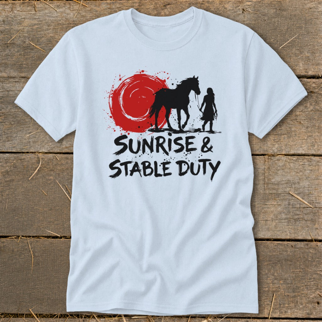 White t-shirt with black horse and person silhouette, red sun, and text "Sunrise & Stable Duty".