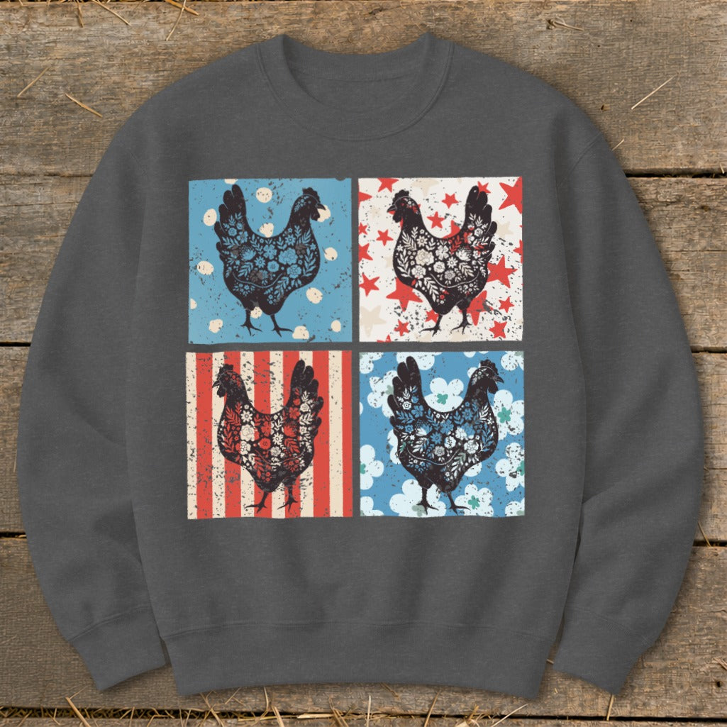 Four chickens in squares with patriotic floral and star patterns.