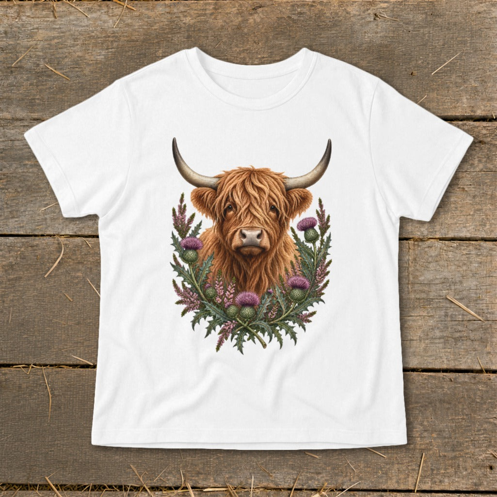 White t-shirt with a Highland cow and thistles graphic design.
