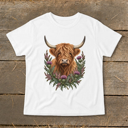 White t-shirt with a Highland cow and thistles graphic design.