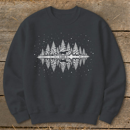 Dark gray sweatshirt with white graphic of a horse in a snowy forest reflected in water.