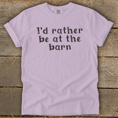 Light purple t-shirt with black text reading "I'd rather be at the barn."