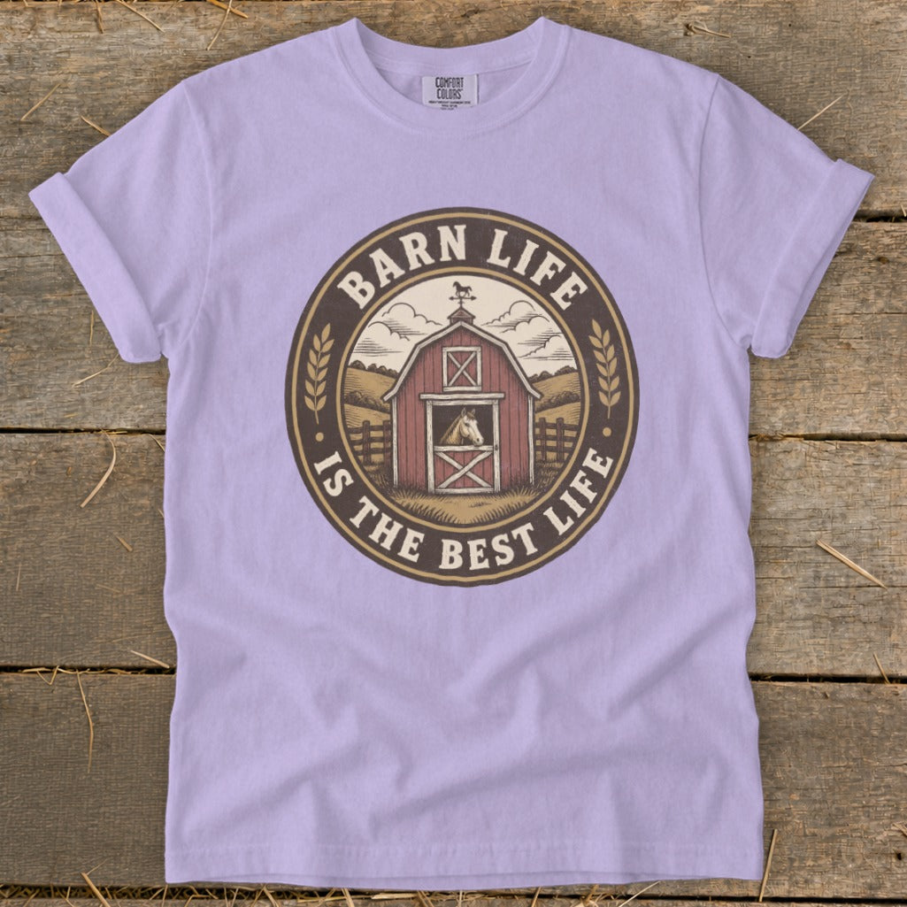 Barn life is the best life graphic on a light purple t-shirt.