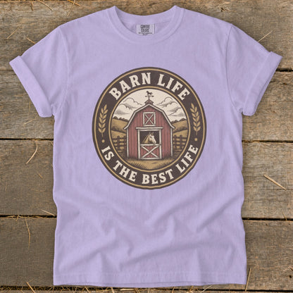 Barn life is the best life graphic on a light purple t-shirt.