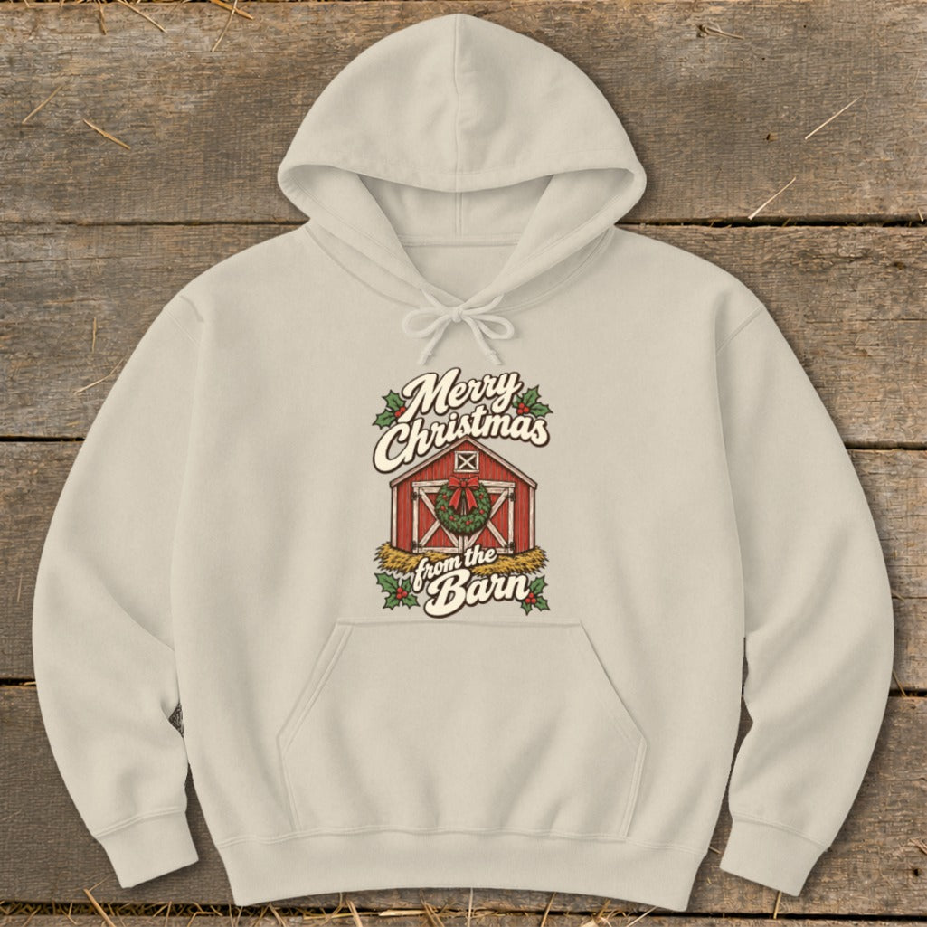 Light beige hoodie with "Merry Christmas from the Barn" text and barn graphic.