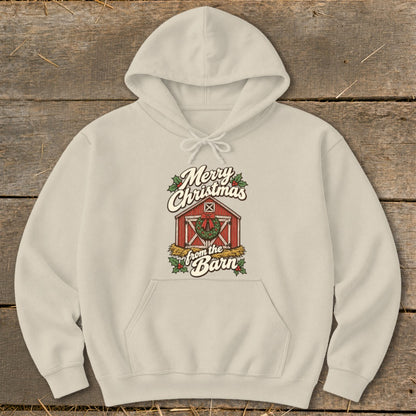 Light beige hoodie with "Merry Christmas from the Barn" text and barn graphic.